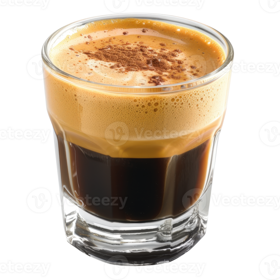 Creamy espresso drink with frothy top and chocolate dust on a wooden table background png