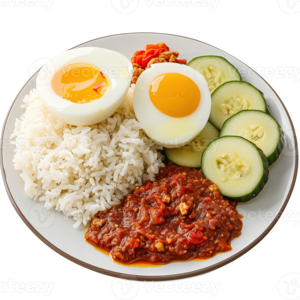 Delicious Plate of Rice with Spicy Sauce, Boiled Eggs, and Fresh Cucumbers png