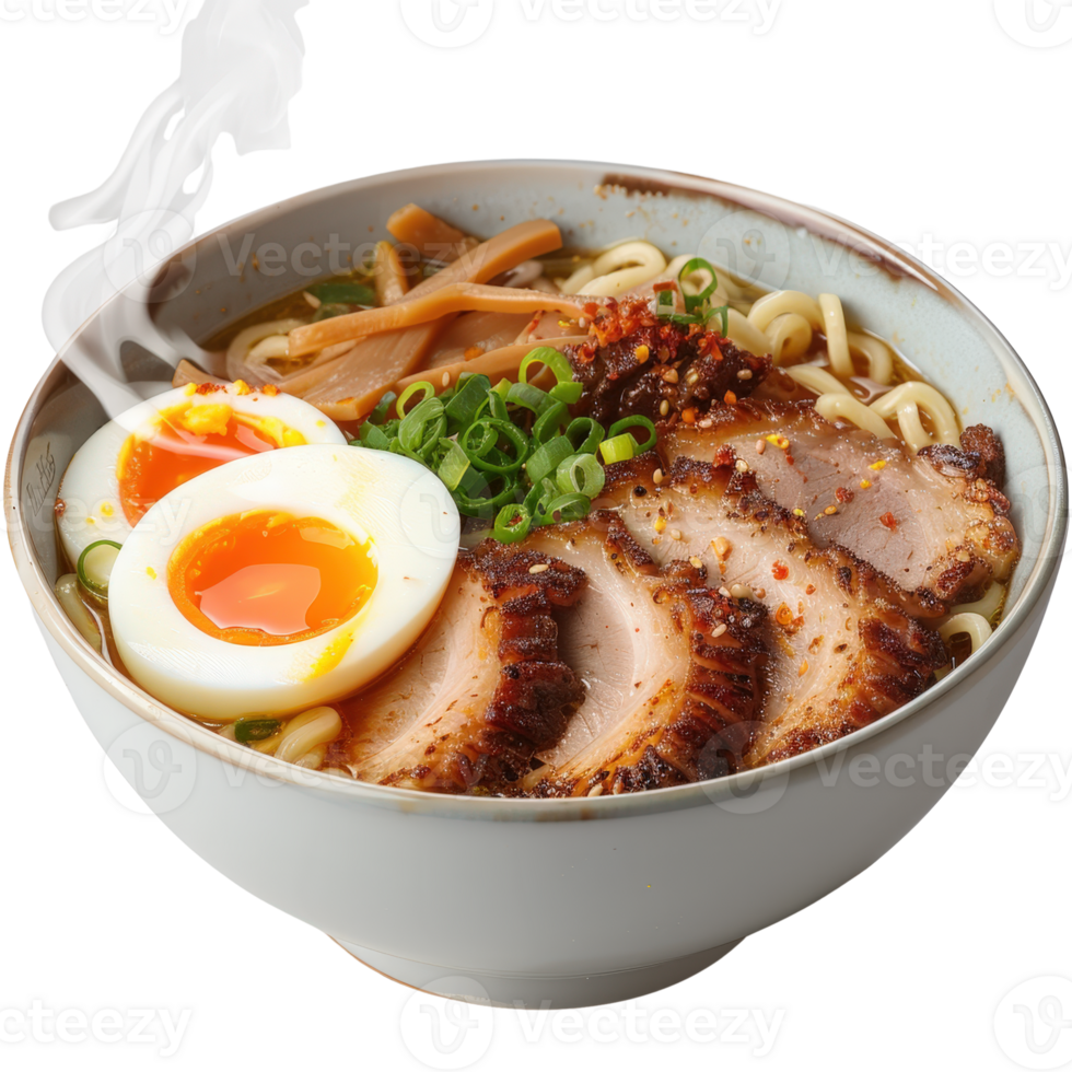 Delicious steaming bowl of ramen with soft-boiled egg, sliced pork, and fresh vegetables png