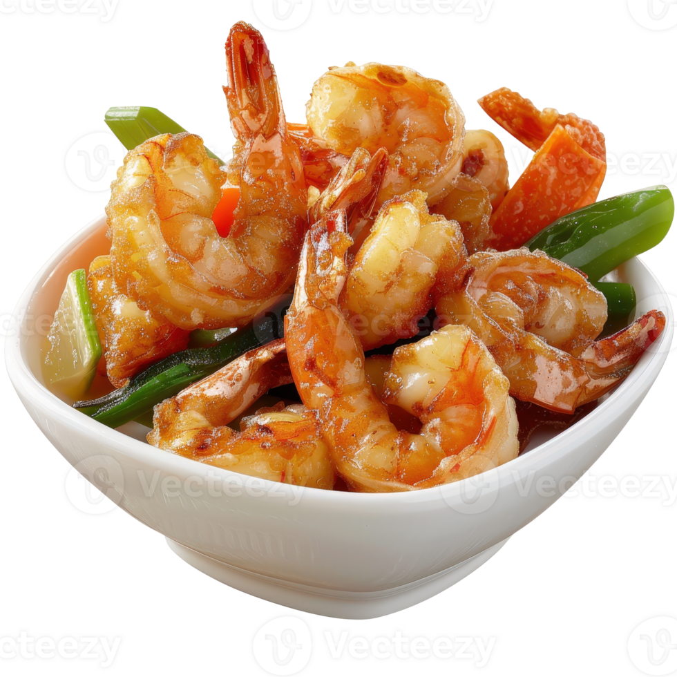 Delicious Fresh Shrimp Stir-Fry with Colorful Vegetables in a White Bowl png