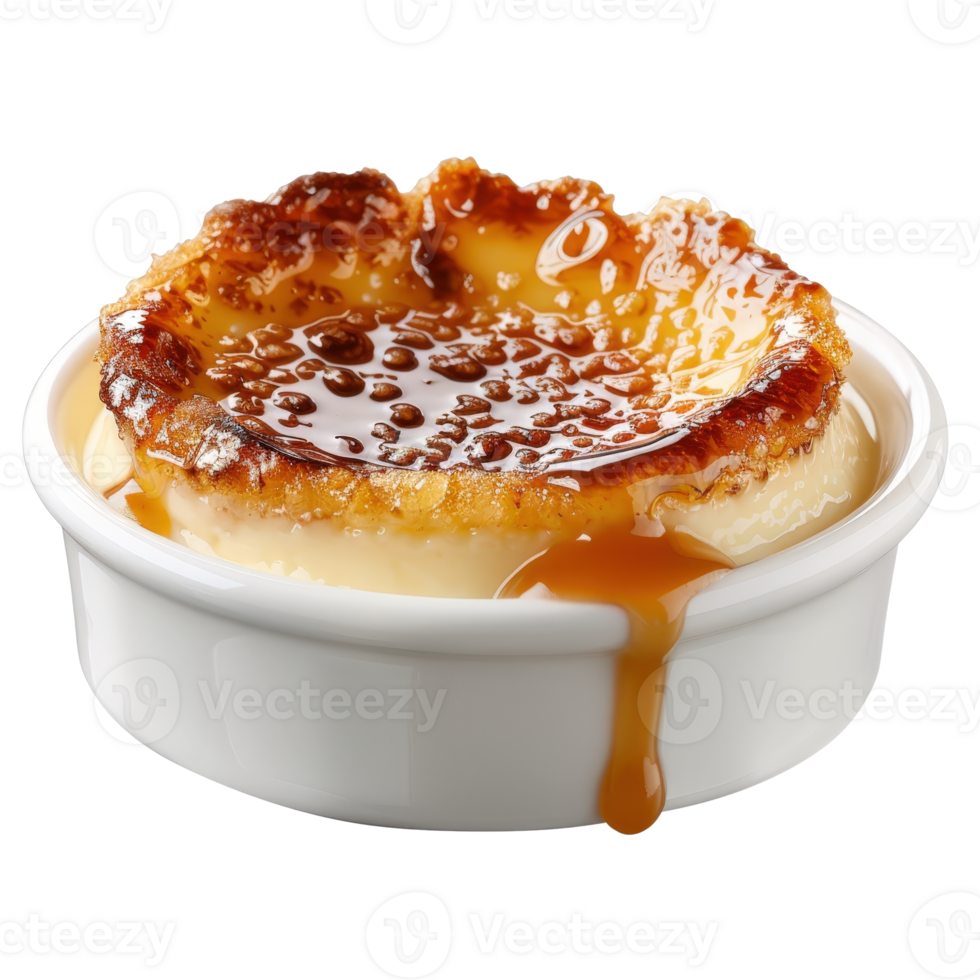 Classic French dessert with caramelized sugar crust in white ceramic dish on a light background png