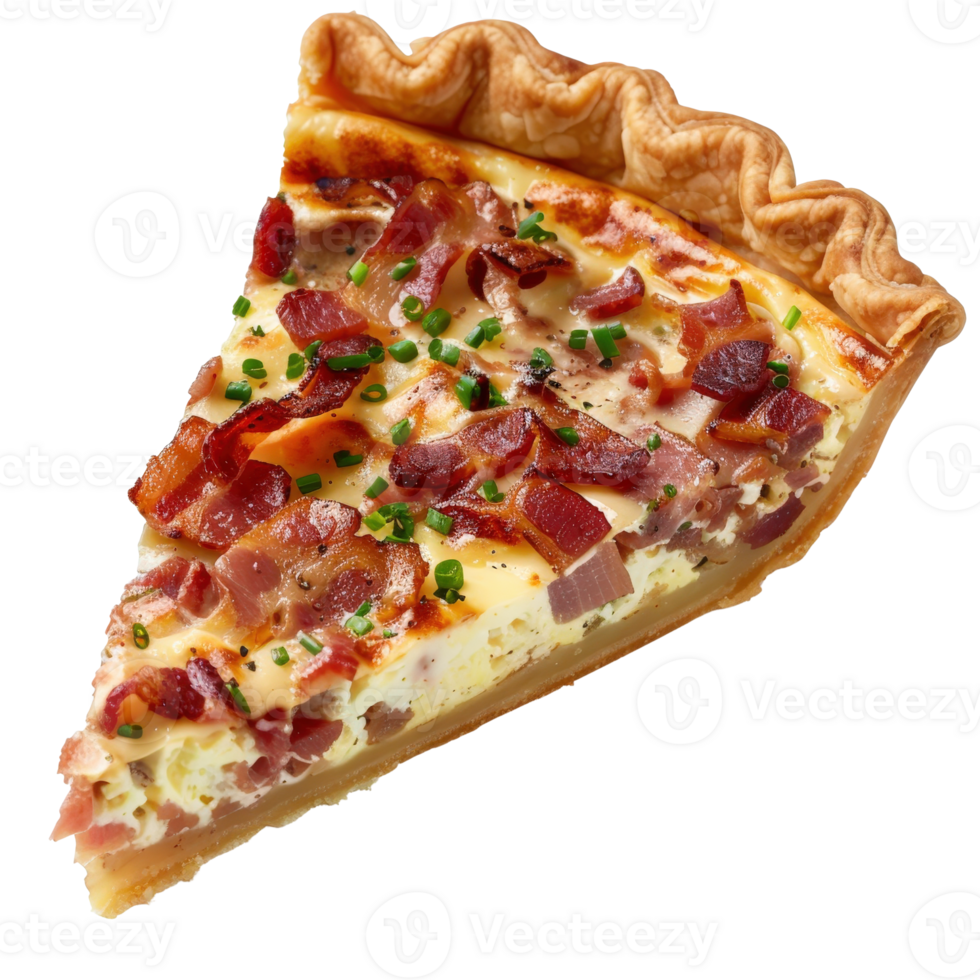 Delicious slice of bacon quiche with creamy filling and crispy crust on a white background png
