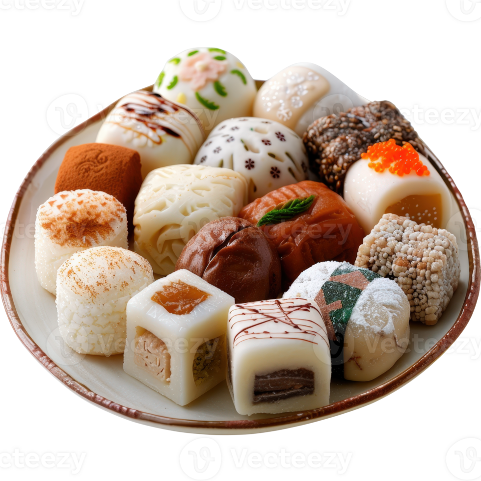 Assorted Colorful Confections on a Decorative Plate with Delicate Details and Textures png