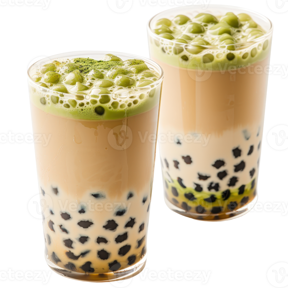 Two Refreshing Drinks with Tapioca Pearls and Green Tea Foam in Clear Cups png