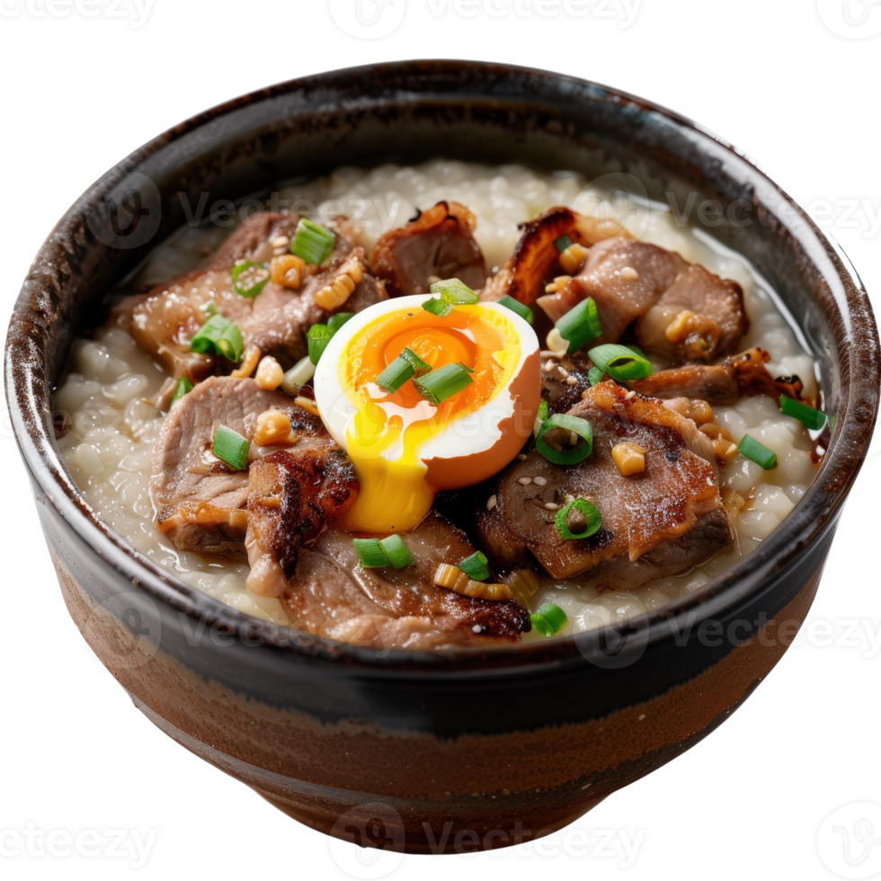Delicious Bowl of Creamy Rice Congee Topped with Savory Pork and Soft Boiled Egg Delight png