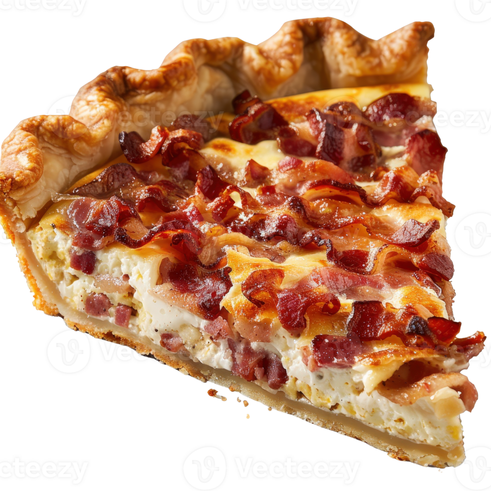 Delicious slice of creamy bacon quiche with crispy bacon on a flaky crust png