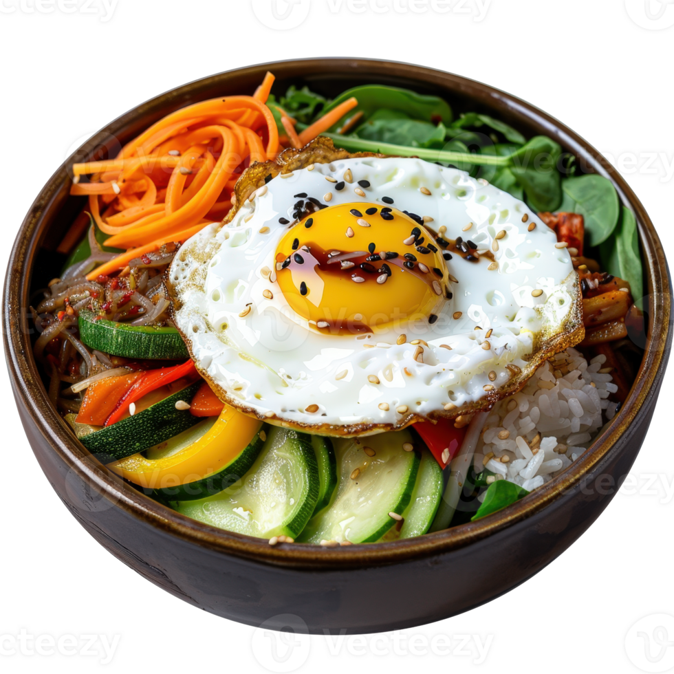 Delicious Colorful Bibimbap Bowl with Fried Egg and Fresh Vegetables on White Background png