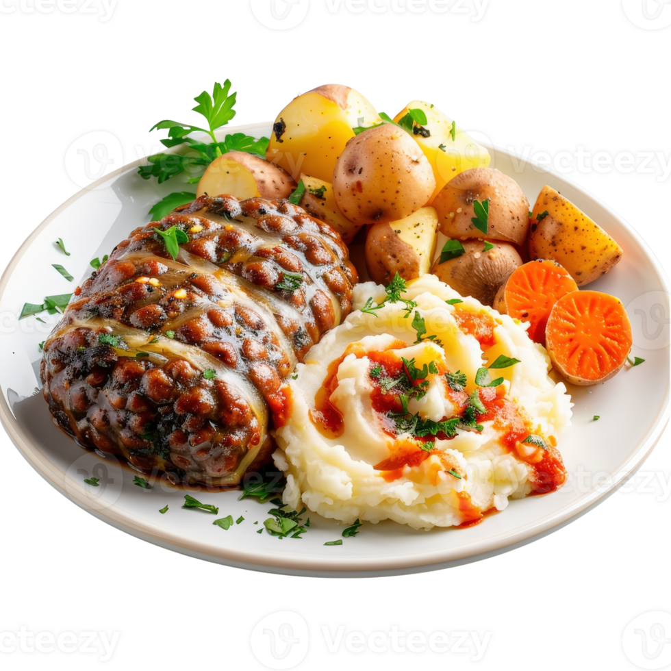 Delicious Meatloaf Served with Creamy Mashed Potatoes and Fresh Vegetables on a Plate png