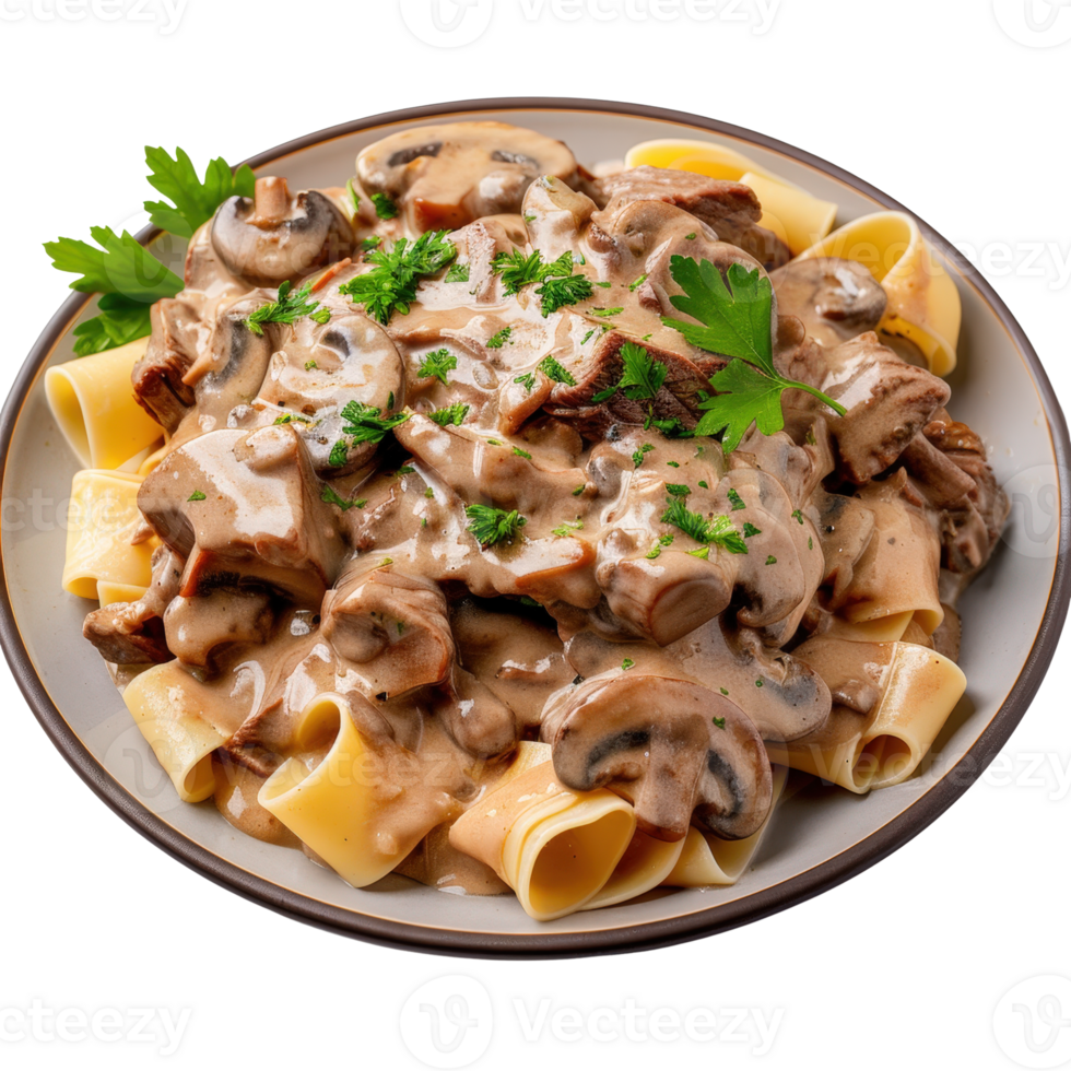 Delicious creamy mushroom pasta on a plate with fresh parsley garnish and ribbon noodles png