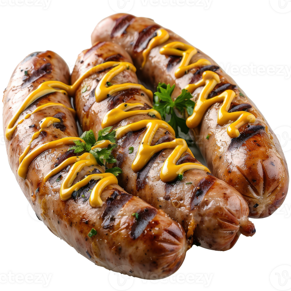 Grilled Sausages with Mustard and Fresh Herbs on a White Background for Culinary Photography png