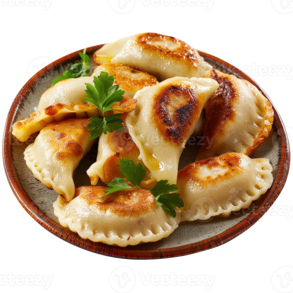 Delicious Golden Brown Dumplings on Rustic Plate with Fresh Green Parsley Garnish png