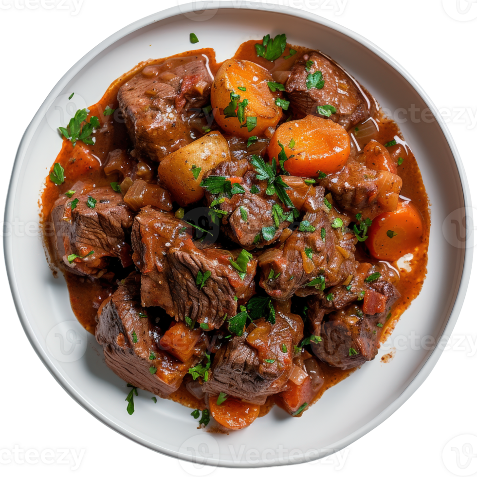 Delicious Beef Stew with Carrots and Potatoes Garnished with Fresh Parsley png