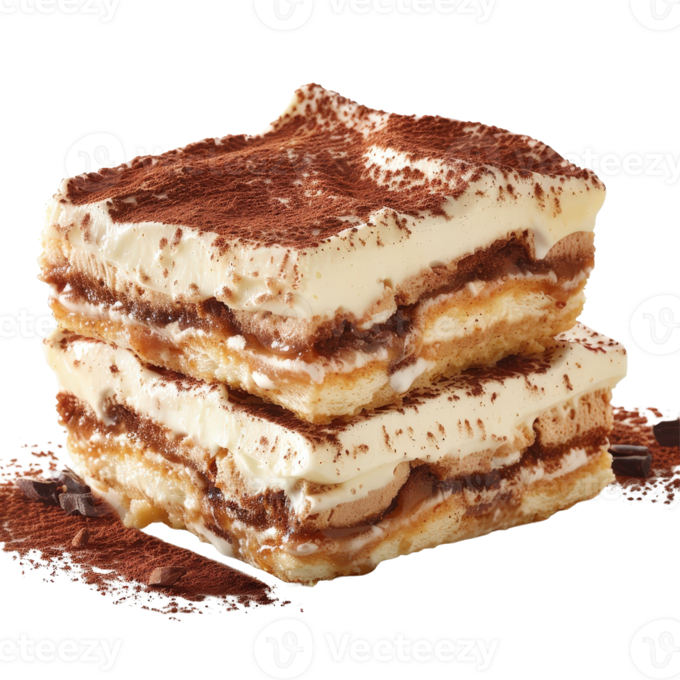 Delicious Tiramisu Dessert Layers with Cocoa Powder and Creamy Filling on White Background png