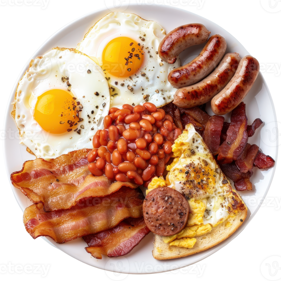 Delicious and Hearty Breakfast Plate with Eggs, Bacon, Sausages, Beans, and Toasted Bread png
