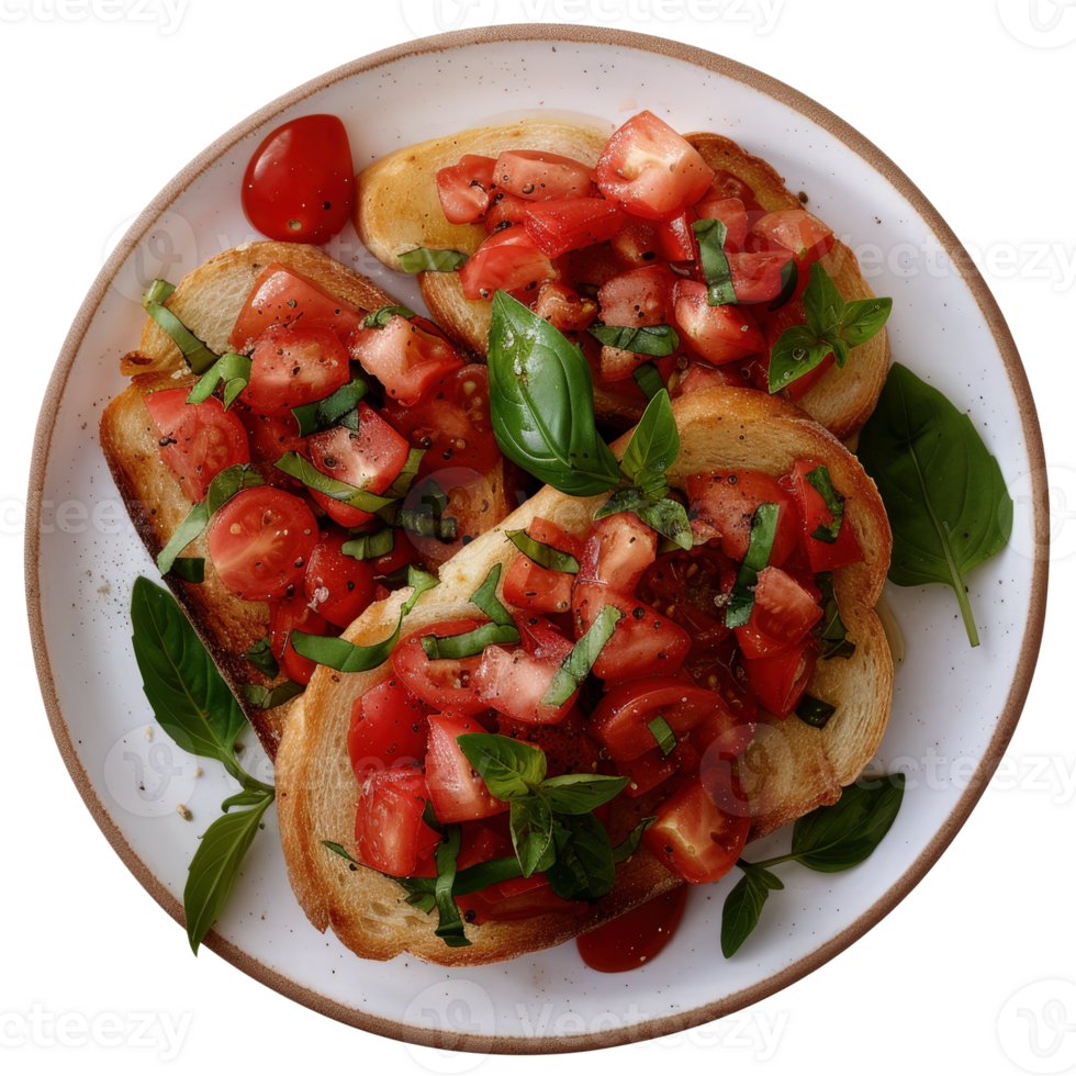 Fresh Tomato Basil Bruschetta on Toasted Bread with Herbs and Garnish png