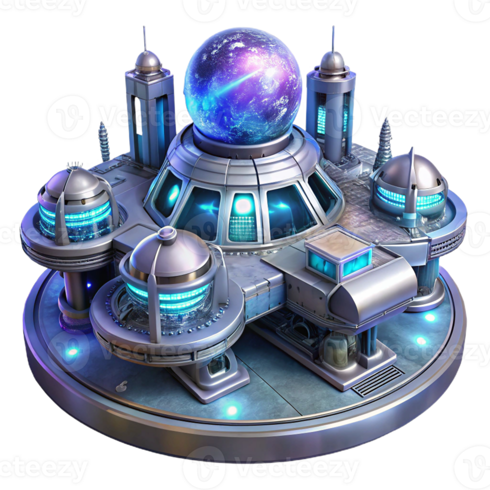 beautiful contemporary A futuristic space station, complex metallic structures and glowing energy fields, nebula lighting, rendered in a sci-fi style 4K png