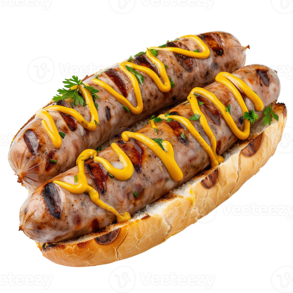 Grilled Sausages on a Toasted Bun with Mustard and Fresh Parsley Garnish png