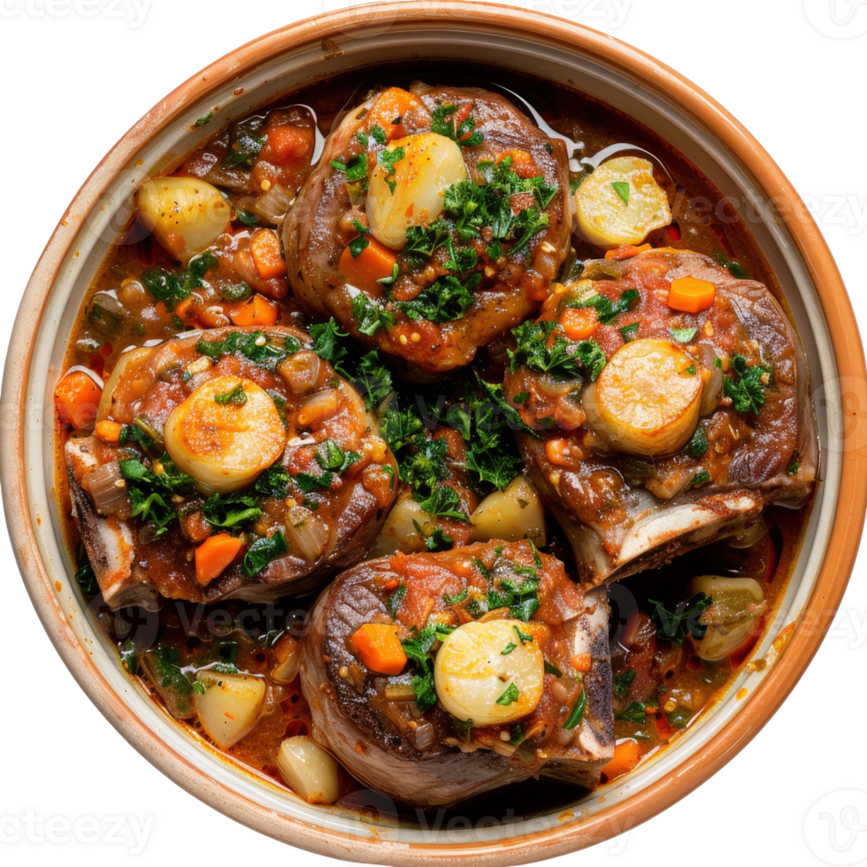 Hearty Braised Meat Dish with Vegetables and Flavorful Gravy in a Round Serving Bowl png