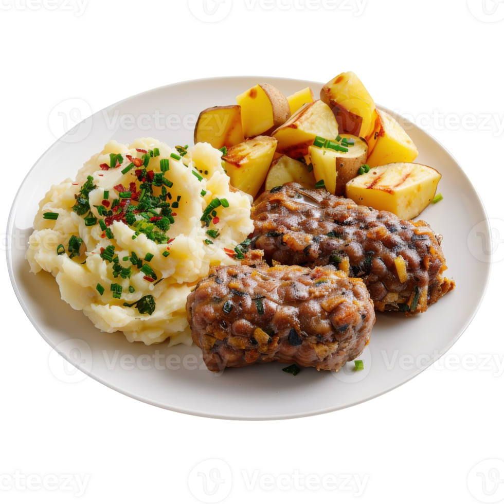 Delicious meatloaf with creamy mashed potatoes and roasted golden potatoes on a white plate png