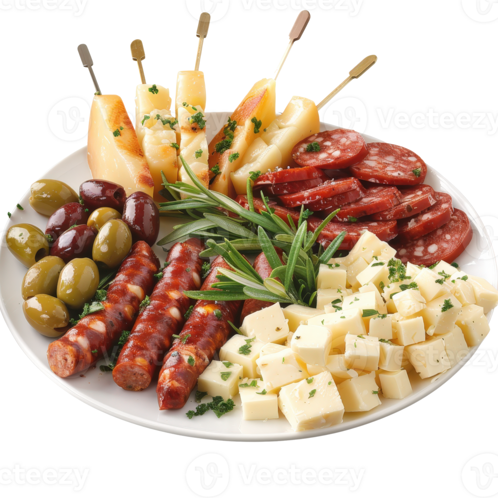 Assorted Cheese and Sausage Platter with Olives and Picked Garnishes for Entertaining Guests png