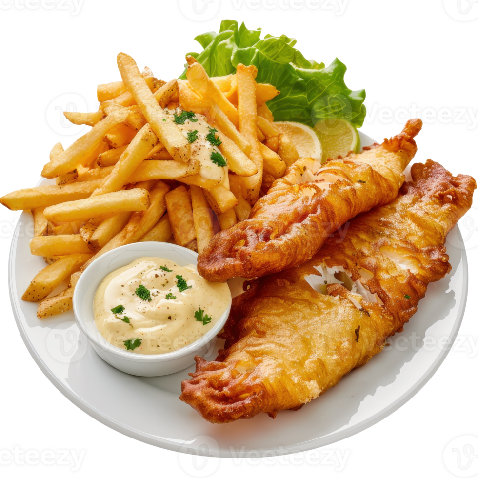 Crispy Fried Fish and Golden French Fries with Fresh Lemon and Garnish on White Plate png
