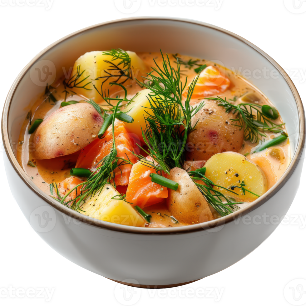 Creamy Vegetable Soup with Potatoes, Carrots, and Fresh Herbs in a White Bowl png