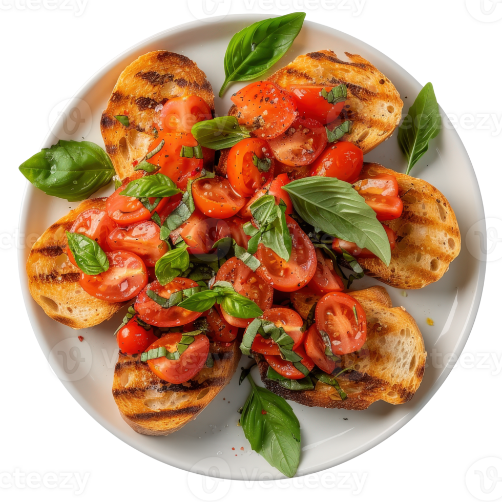 Grilled Bruschetta with Fresh Tomatoes and Basil on a White Plate png