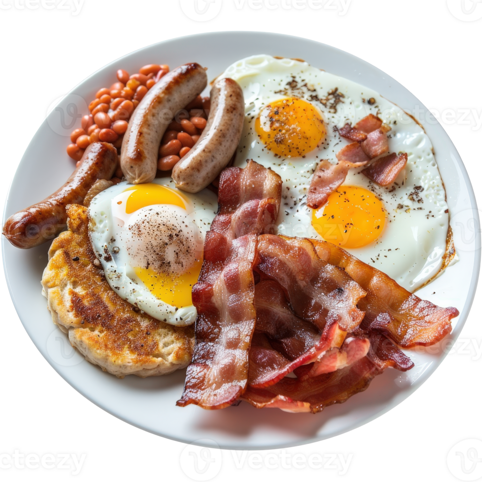 Delicious Breakfast Plate with Eggs, Bacon, Sausages, Baked Beans, and Savory Pancakes png