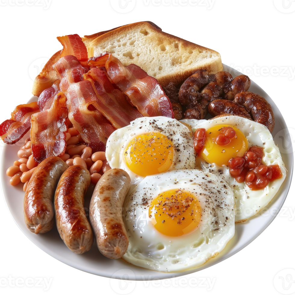 Delicious Breakfast Plate with Eggs, Bacon, Sausages, Beans, and Toast on a White Background png