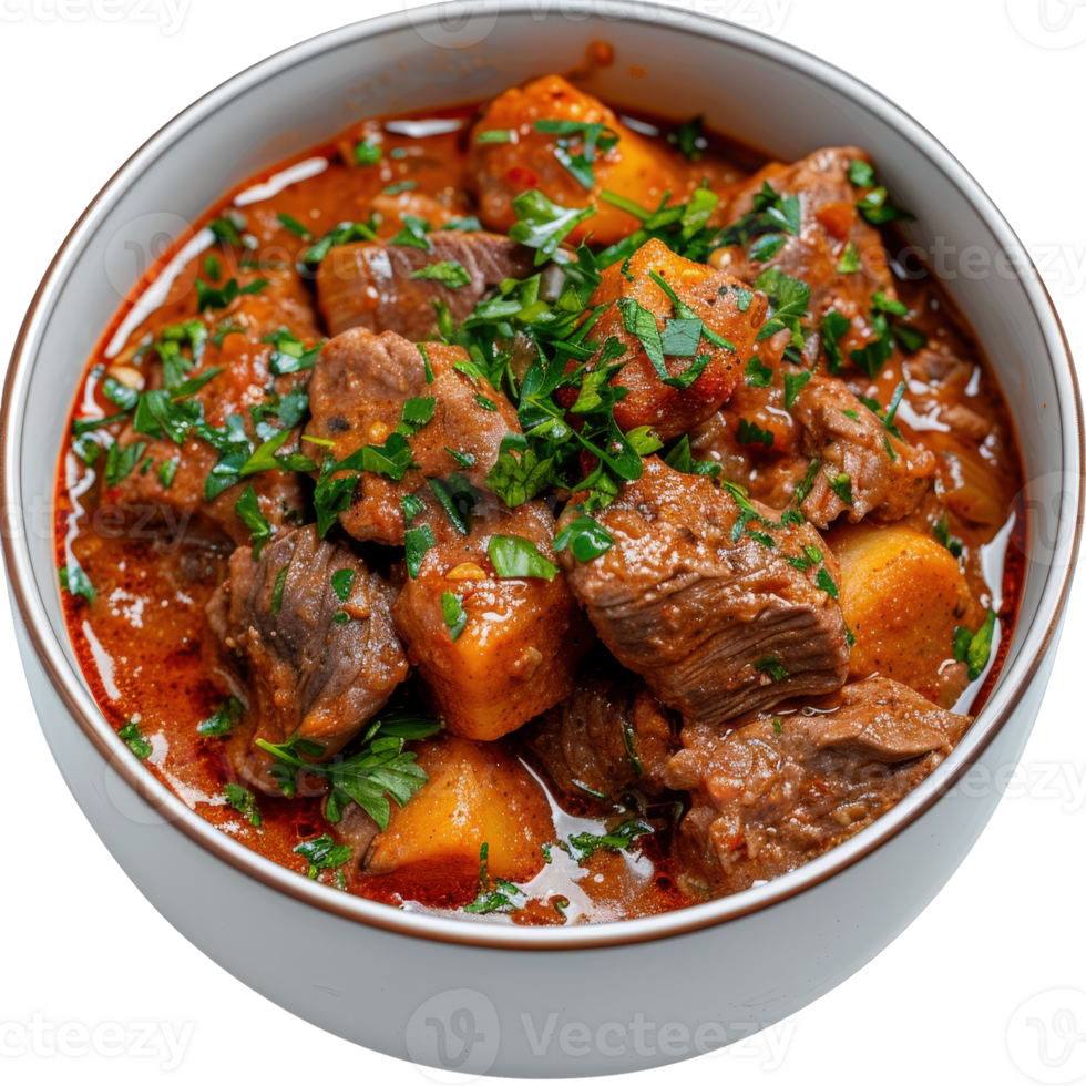 Rich and Flavorful Beef Stew with Potatoes in a White Bowl Garnished with Fresh Parsley png
