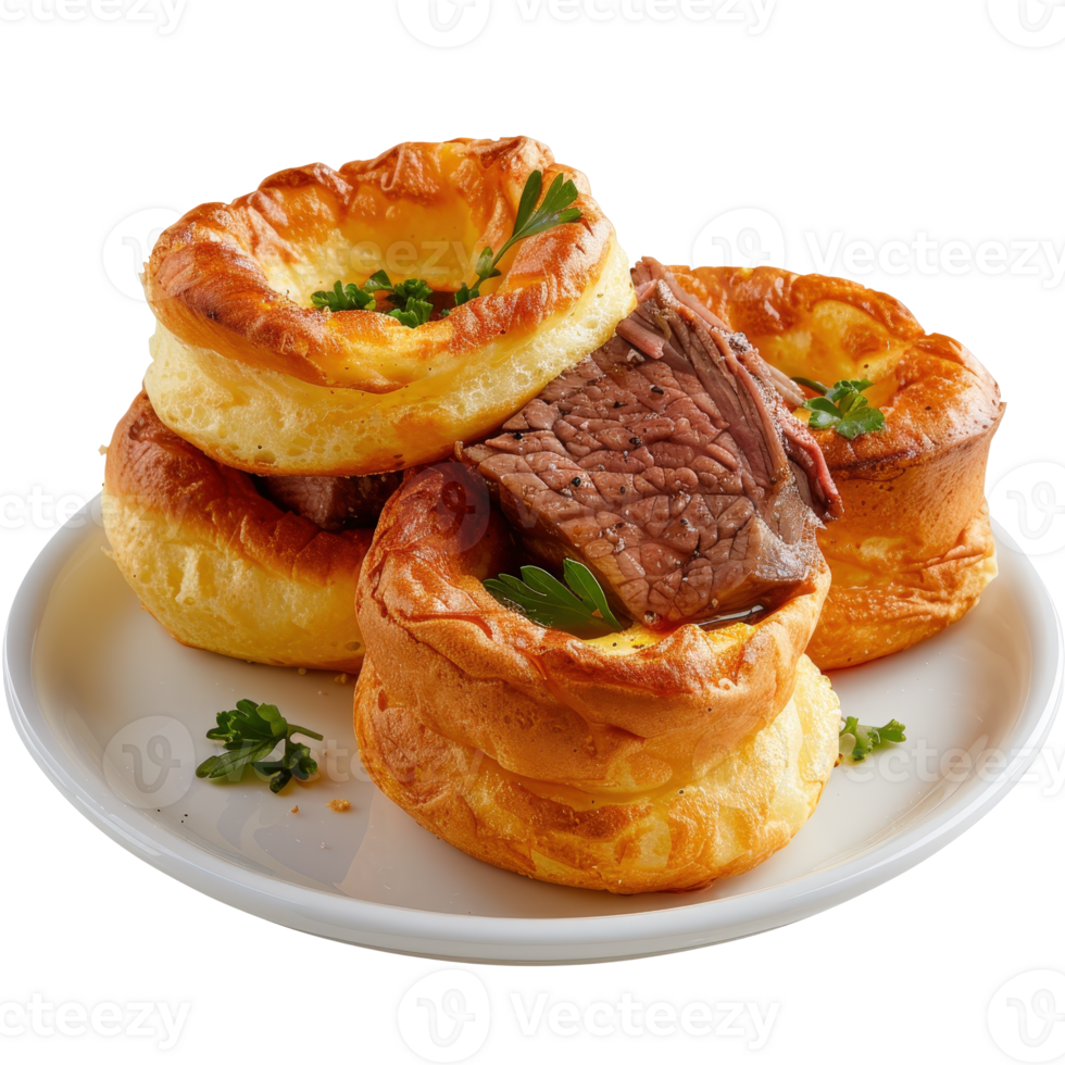 Juicy Roast Beef Served in Fluffy Yorkshire Puddings on a White Plate png