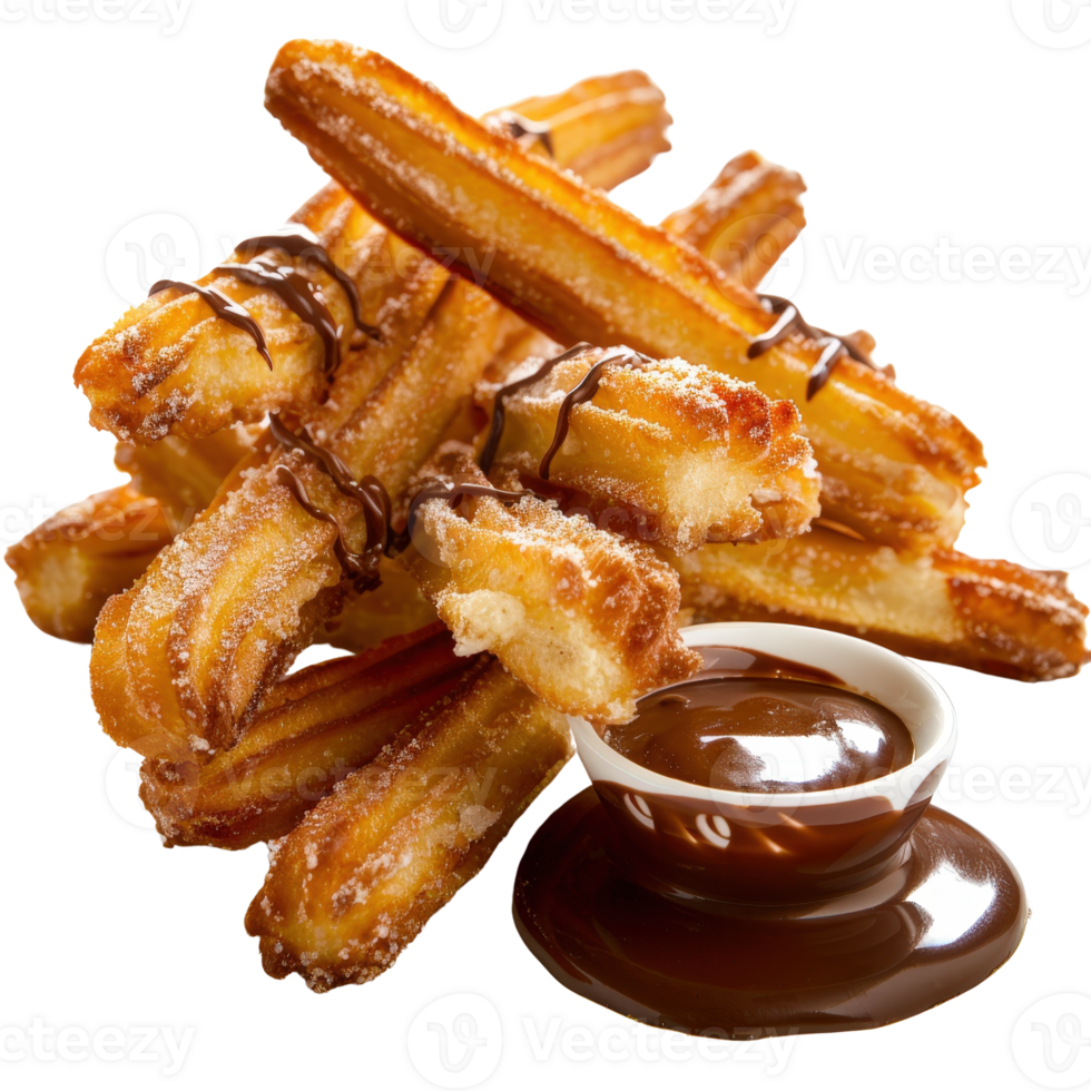 Delicious Golden Churros with Chocolate Sauce on a White Background for Dessert Lovers png