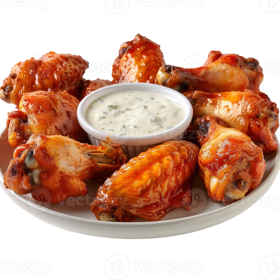 Delicious Golden Chicken Wings with Creamy Dip Served on a White Plate for Appetizing Appeal png