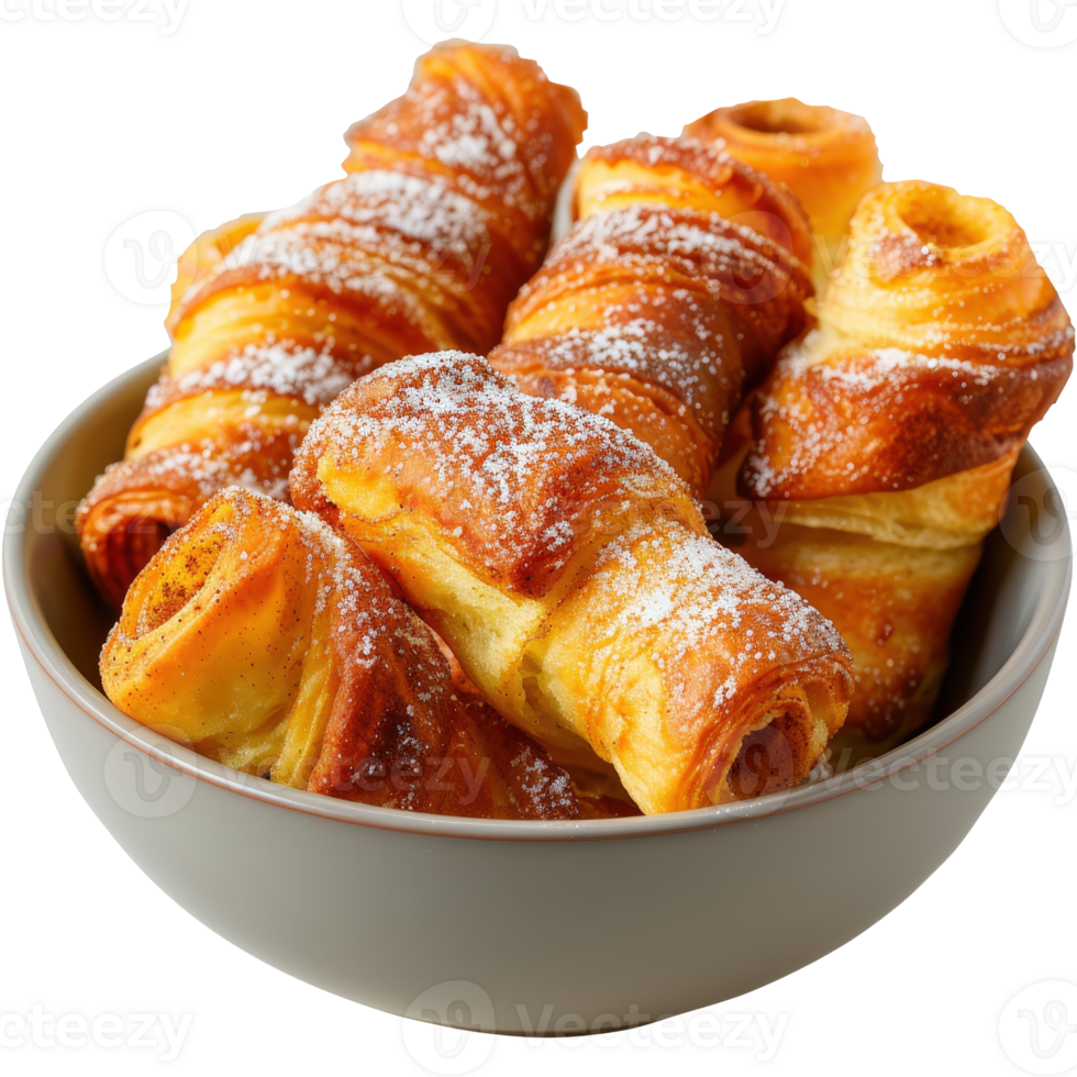 Golden Croissants with Powdered Sugar in a Bowl Perfect for Breakfast or Dessert Presentation png