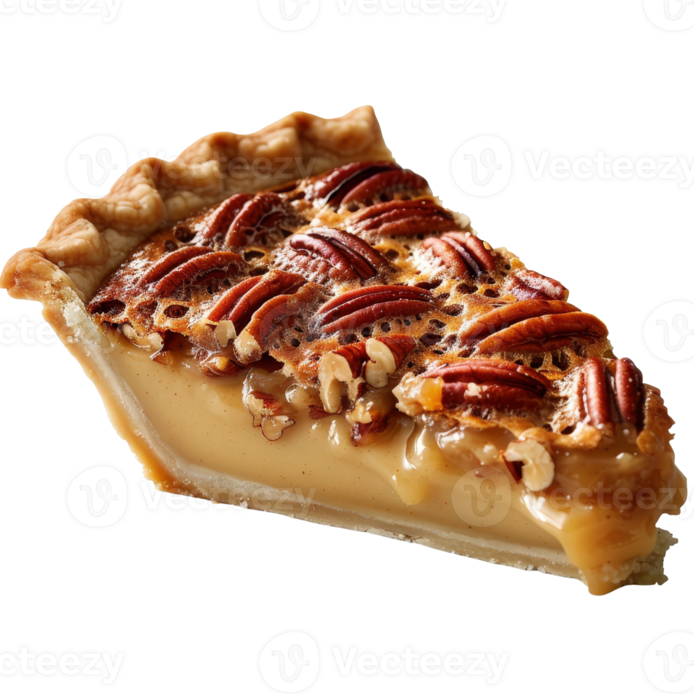 Delicious slice of pecan pie with golden crust and topped with toasted nuts on a white background png