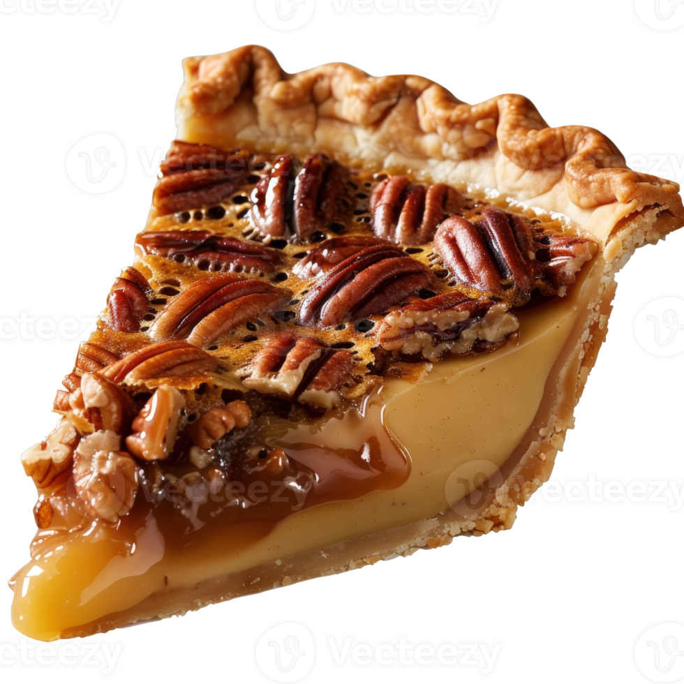 Delicious slice of pecan pie with glossy syrup and toasted nuts on a golden crust png