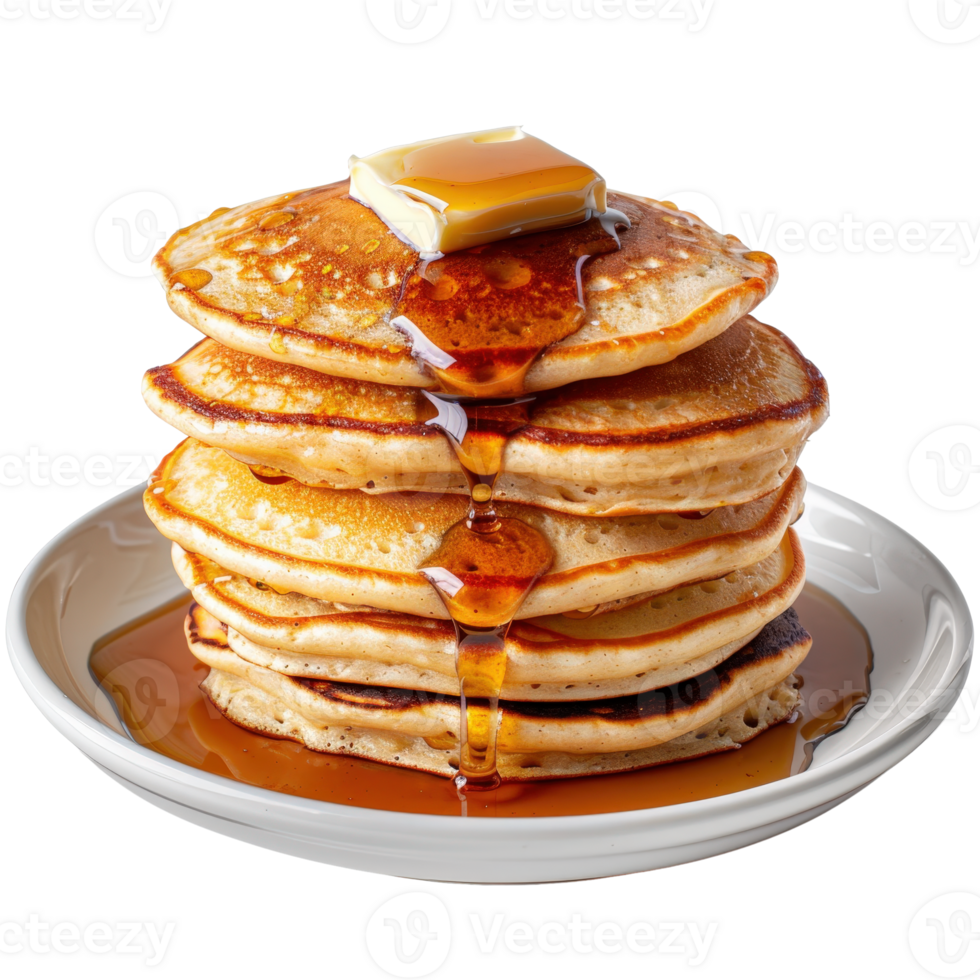 Stack of Homemade Pancakes with Butter and Maple Syrup Drizzling Over the Side png