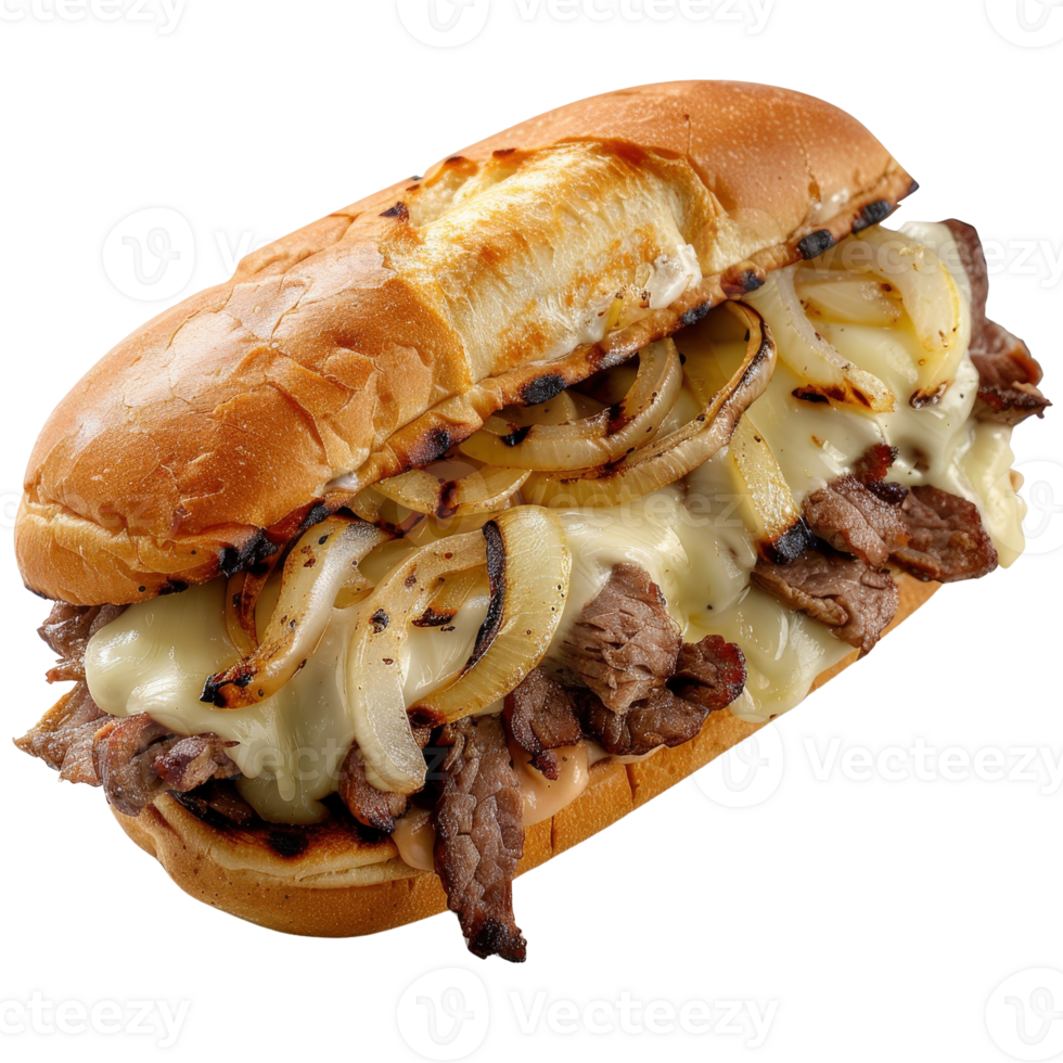 Savory Beef Sandwich with Melted Cheese and Grilled Onions on Toasted Bun png