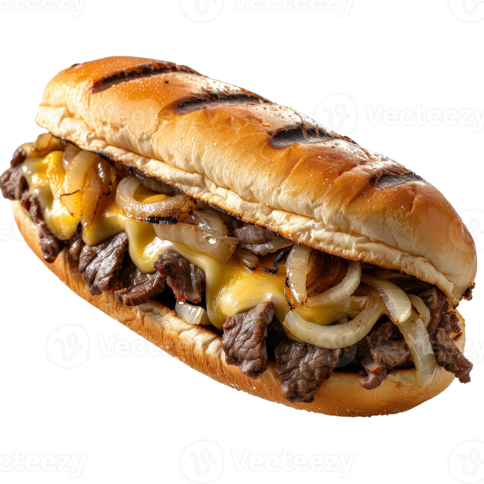 Delicious cheesesteak sandwich with grilled onions and melted cheese on toasted bread png