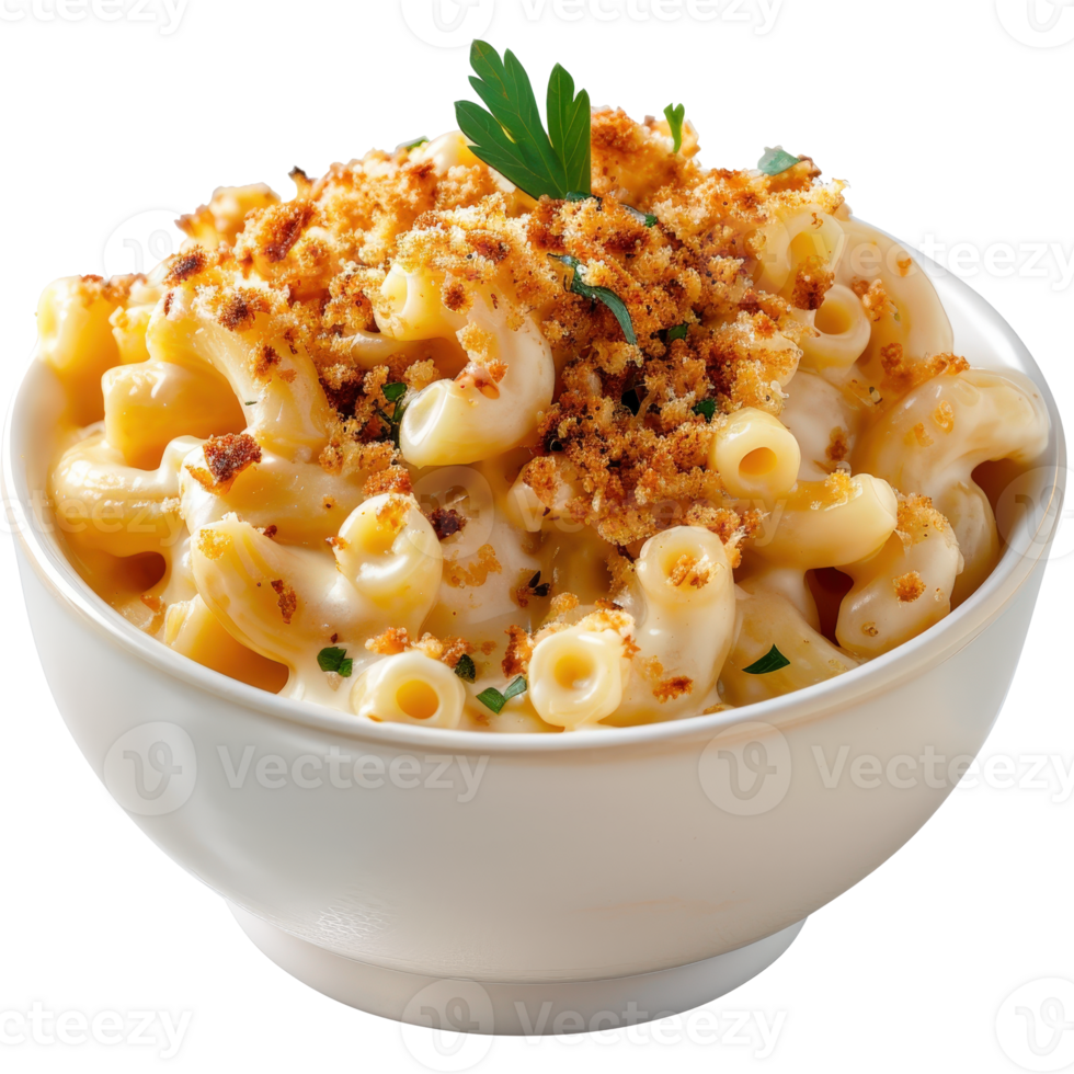 Creamy Macaroni and Cheese with Golden Breadcrumb Topping in a White Bowl png