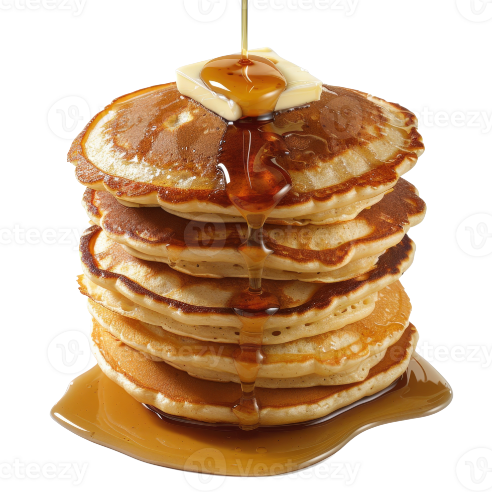 Stack of fluffy pancakes with melting butter and maple syrup dripping down the sides png