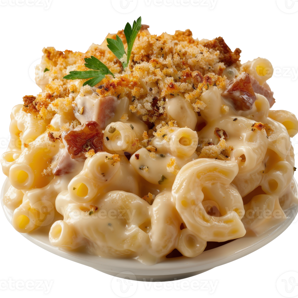 Creamy Baked Macaroni and Cheese with Crispy Topping and Garnish on a White Plate png