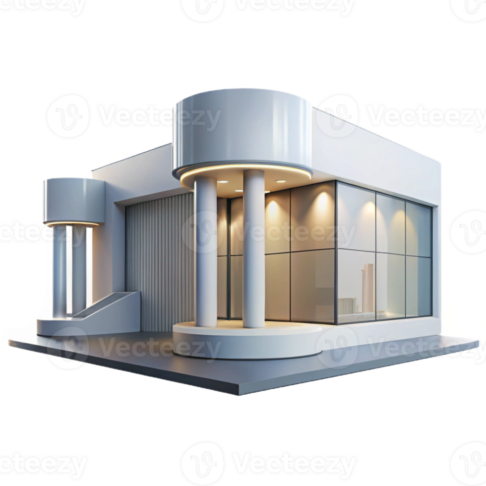 dramatic contemporary A modern art museum, sleek white walls and large glass windows, bright gallery lighting, rendered in a minimalist style premium png