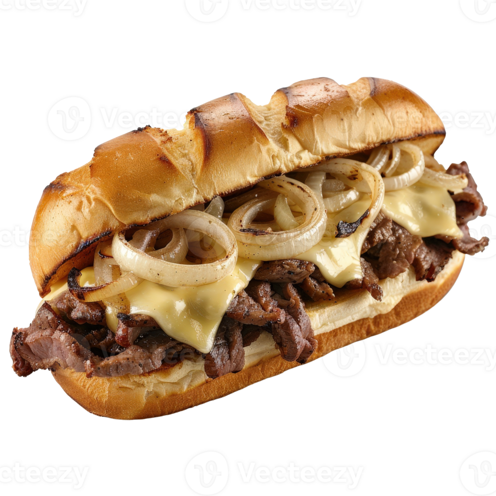 Delicious Cheesesteak Sandwich with Grilled Onions and Melted Cheese on a Fresh Hoagie Roll png