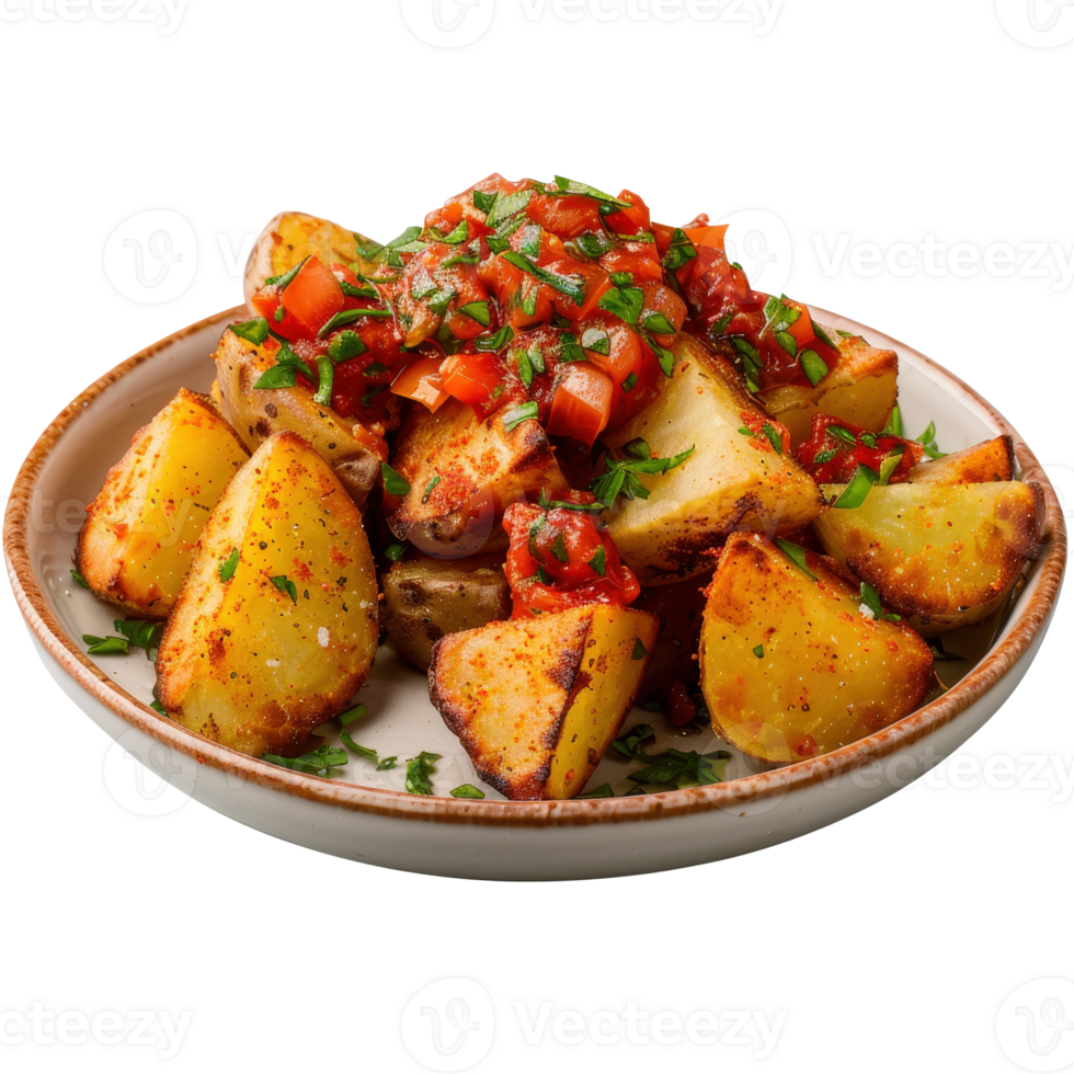 Crispy Golden Roasted Potatoes Topped with Fresh Tomato Salsa and Chopped Parsley Garnish png