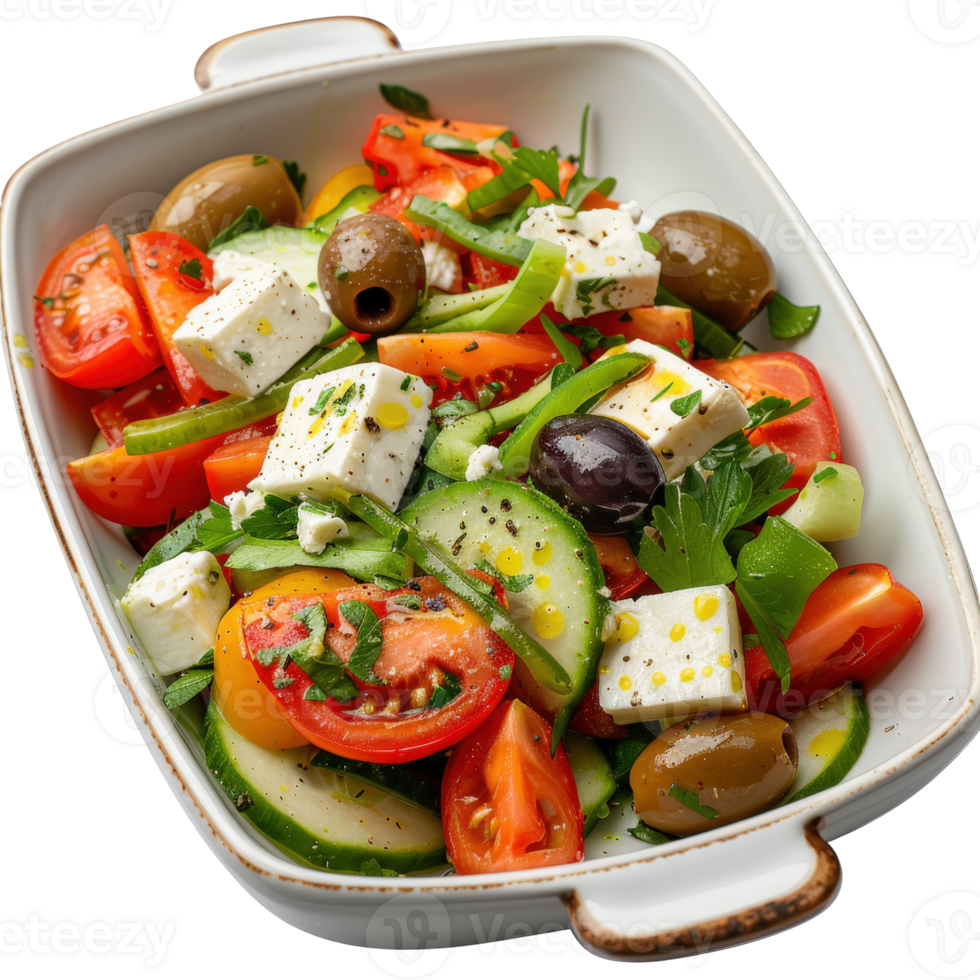 Fresh Colorful Salad with Tomatoes, Cucumber, Feta Cheese, Olives, and Green Peppers png