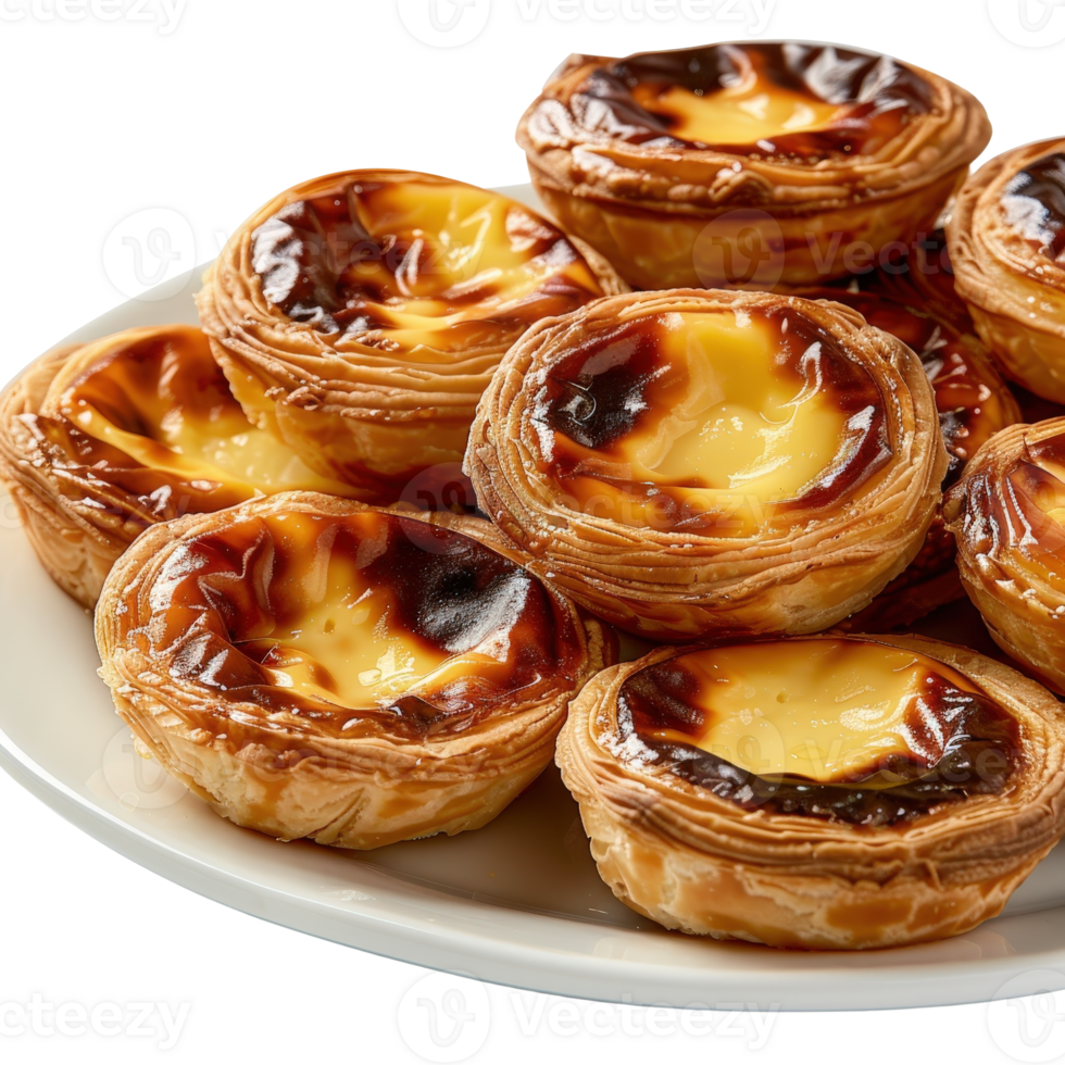 Delicious Portuguese Custard Tarts with Flaky Pastry on a White Plate png