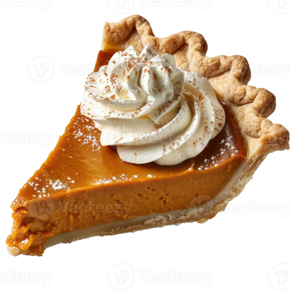 Delicious slice of pumpkin pie topped with whipped cream and sprinkled with cinnamon powder png
