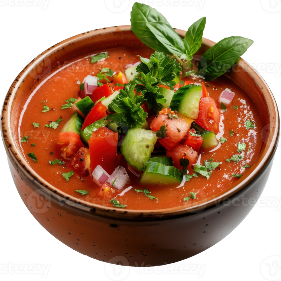 Fresh and Colorful Vegetable Soup in a Rustic Bowl with Herbs on Top png