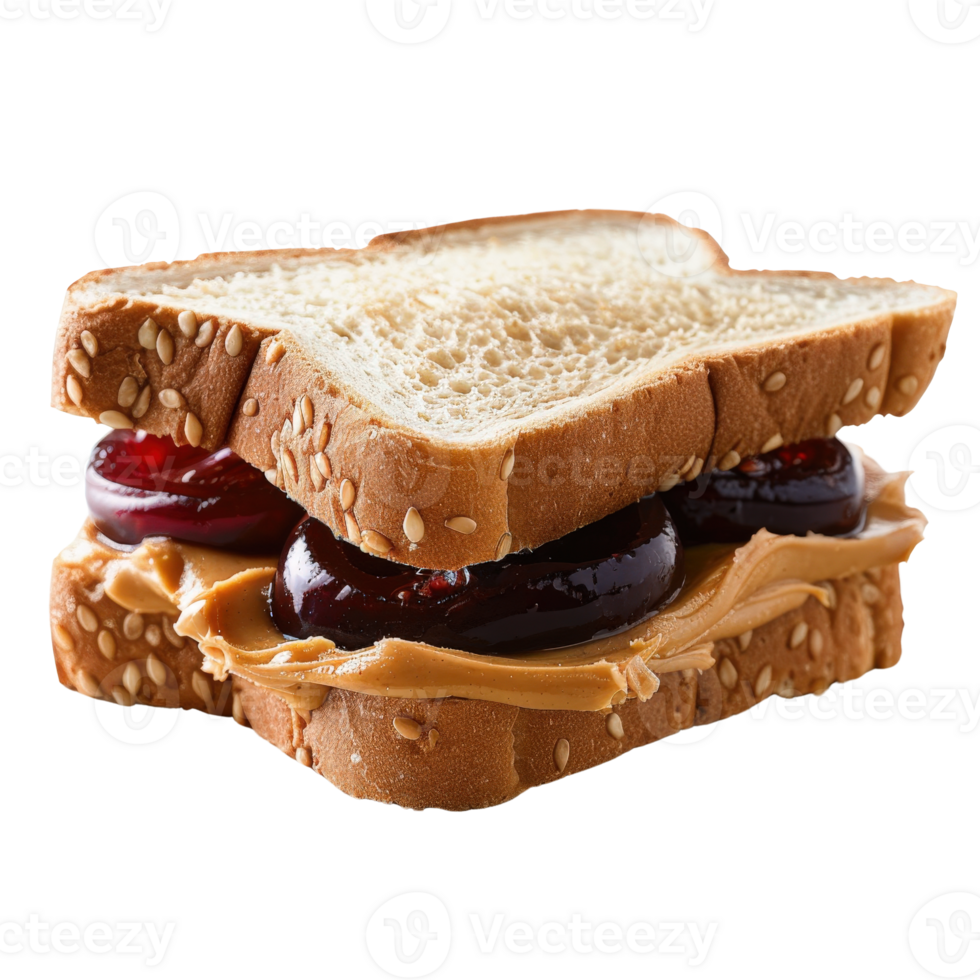 Close-Up of Peanut Butter and Jelly Sandwich on Sesame Seed Bread Isolated on a White Background png